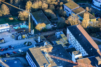 Construction site for the expansion of the Asklepios Südpfalzklinik Kandel in Kandel in the state Rhineland-Palatinate, Germany from the plane