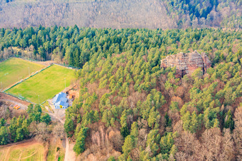 Sports field of the Sportfreunde Bundenthal 1984 eV at the natural monument Fladensteine (Buntsandsteinfelsen) in Bundenthal in the state Rhineland-Palatinate, Germany