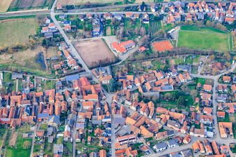 Village center from the south with festival grounds at the Wasgau Hall in the district Kapellen in Kapellen-Drusweiler in the state Rhineland-Palatinate, Germany
