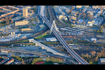 Pylon bridge of the B37 over the train station and bridge construction site for the connection of the elevated highway south at the main train station in the district Mitte in Ludwigshafen am Rhein in the state Rhineland-Palatinate, Germany