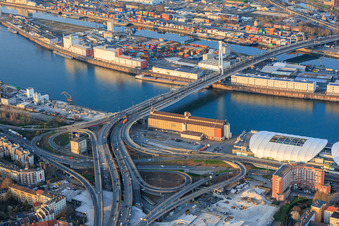 Bridge approach of the elevated highway north (B44) to the Konrad-Schuhmacher Rhine Bridge with cube bunker, which is to be demolished from August 2026 in the district Mitte in Ludwigshafen am Rhein in the state Rhineland-Palatinate, Germany