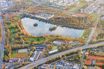 See Große Blies with school on the Blies in the district Mundenheim in Ludwigshafen am Rhein in the state Rhineland-Palatinate, Germany