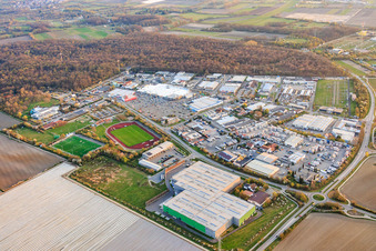 Industrial Park South with Frigo-Trans GmbH Mutterstadt and Kobler Container Depot in Mutterstadt in the state Rhineland-Palatinate, Germany