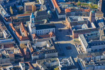 Market square with pyramid and city church Karlsruhe in the district Innenstadt-Ost in Karlsruhe in the state Baden-Wuerttemberg, Germany