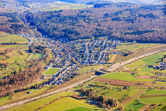 Village view beyond the A8 in the district Untermutschelbach in Karlsbad in the state Baden-Wuerttemberg, Germany