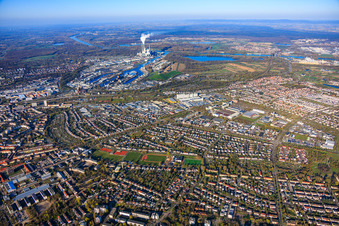 City panorama from the east to the Rhine in the district Nordweststadt in Karlsruhe in the state Baden-Wuerttemberg, Germany