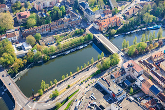 Saar bridges Pont de l'Europe and Pont des Alliés, and marina from the southwest in the district Blies Sud in Saargemünd in the state Moselle, France