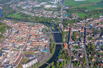 City overview on the banks of the Saar River from the south in Saargemünd in the state Moselle, France