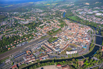 City overview on the banks of the Saar River from the southwest in Saargemünd in the state Moselle, France