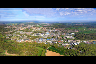City panorama from the southeast in the district Zone Industrielle du Grand Bois Fayencerie in Saargemünd in the state Moselle, France