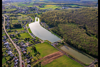 Two ponds "Étang Saint-Vit" and an island as a runway in the district Blauberg in Saargemünd in the state Moselle, France