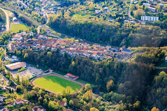 Stade Omnisport sports fields and Espace De Wendel festival hall below the historic old town on the ridge in Hombourg-Haut in the state Moselle, France