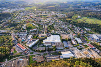 City view from the east with DODO SAMM and ANGERMULLER concrete plant (Béton Prêt à l'Emploi) in the district Zone Industrielle-Hollerloch-Gros Hêtre in Saint-Avold in the state Moselle, France