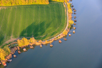 Boardwalks with fishing huts line the shore of Lake Etang du Welschhof. in Puttelange-aux-Lacs in the state Moselle, France