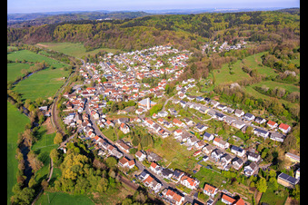 View of the town from the east with the Sacred Heart Church (Catholic Church) in the district Bierbach in Blieskastel in the state Saarland, Germany