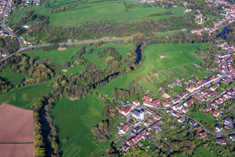 Course of the Blies river at the German-French border and St. Martin's Church Habkirchen in the district Habkirchen in Mandelbachtal in the state Saarland, Germany