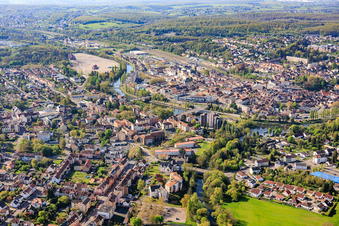 City view from the north with the Blies estuary and bridges over the Saar in the district Blies Sud in Saargemünd in the state Moselle, France