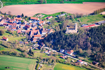 Village view from the south with castle ruins Ehrenstein in the district Ehrenstein in Stadtilm in the state Thuringia, Germany