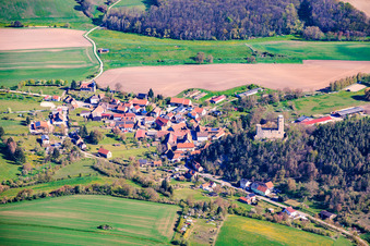 Village view from the south with castle ruins Ehrenstein in the district Ehrenstein in Stadtilm in the state Thuringia, Germany