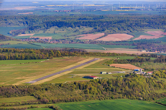 Runway and tower of Jena Airport-Schöngleina from the south in Schöngleina in the state Thuringia, Germany