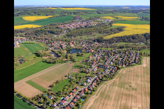 View of the town from the south with the monastery pond in the district Thalbürgel in Bürgel in the state Thuringia, Germany