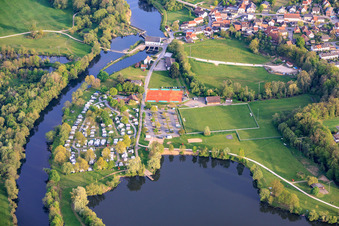 Maincamping Lichtenfels at the bathing lake Oberwallenstadt and sports fields of DJK Franken Lichtenfels at the ford in the Main of the hydroelectric power plant Oberwallenstadt in the district Oberwallenstadt in Lichtenfels in the state Bavaria, Germany