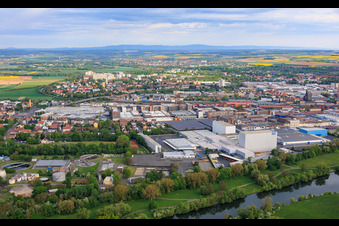 City view across the Main River from the southeast, showing ZF Friedrichshafen AG - North Plant in the district Oberndorf in Schweinfurt in the state Bavaria, Germany