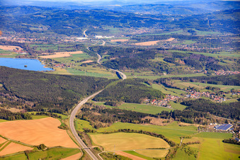 Route of the A73 motorway to the northeast and Ratscher reservoir in the district Oberrod in Schleusingen in the state Thuringia, Germany