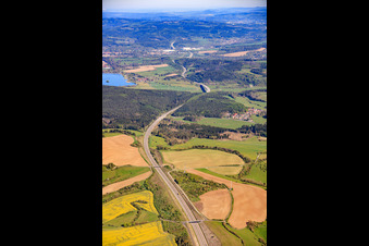 Route of the A73 motorway to the northeast and Ratscher reservoir in the district Wiedersbach in Auengrund in the state Thuringia, Germany