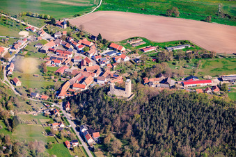 Village view from the south with castle ruins Ehrenstein in the district Ehrenstein in Stadtilm in the state Thuringia, Germany