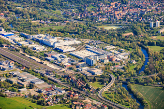 Göschwitzer Straße industrial park between railway tracks and Saale riverbank with JENOPTIK Robot GmbH, JENOPTIK Automatisierungstechnik, Analytik Jena GmbH+Co. KG in the district Burgau in Jena in the state Thuringia, Germany