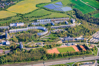 Semicircular prefabricated housing estate in Carolinenstrasse in the district Neulobeda in Jena in the state Thuringia, Germany