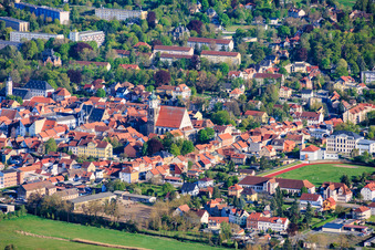 City view from the north with church square and the city church of St. John the Baptist as well as Goethe Stadium in Neustadt an der Orla in the state Thuringia, Germany