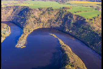 Hohenwarte I reservoir from the north with Drachenufer and Droschkau campsite in Gössitz in the state Thuringia, Germany