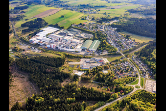 Industrial park at the train station with Wiegand-Glashüttenwerke GmbH and Bayerische Flaschen-Glashüttenwerke Vertriebs-GmbH in Steinbach am Wald in the state Bavaria, Germany