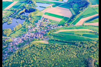 Village view from the north with Wiesner Wörthsee and Bergmannsee in the district Wiesen in Bad Staffelstein in the state Bavaria, Germany