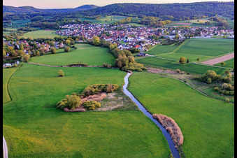 Course of the Baunach river to the southwest in Reckendorf in the state Bavaria, Germany
