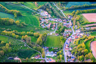 Village view from the southeast with the sports field of SC Lußberg-Rudendorf in the district Lußberg in Breitbrunn in the state Bavaria, Germany