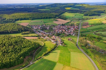 Village view in the valley of the Franconian Saale from the southeast in the district Diebach in Hammelburg in the state Bavaria, Germany