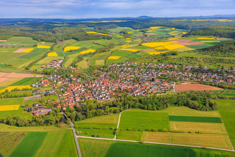 Village view in the valley of the Franconian Saale from the south in the district Diebach in Hammelburg in the state Bavaria, Germany