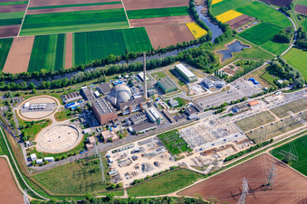 Decommissioned nuclear power plant Grafenrheinfeld of Preussenelektra GmbH on the banks of the Main River with Castor storage in the "gymnasium" and large substation in Grafenrheinfeld in the state Bavaria, Germany