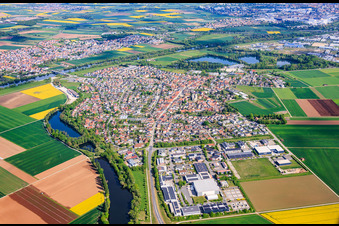 City view from the southwest on the old Main near Bergrheinfeld and Grafenrheinfeld in Grafenrheinfeld in the state Bavaria, Germany