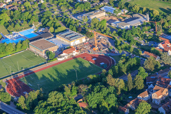 Stadium and Queichtal Hall as well as construction site at Konrad-Lerch-Ring in Offenbach an der Queich in the state Rhineland-Palatinate, Germany