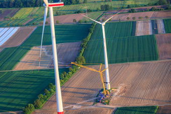 Construction site for the demolition of the 22-year-old wind turbines as part of the repowering of the wind farm Minfeld. JUWI in Minfeld in the state Rhineland-Palatinate, Germany