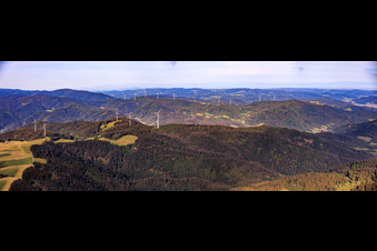 Panorama of the wind farms in the Black Forest, Falkenhöhe in the foreground in the district Unter-Reichenbach in Hornberg in the state Baden-Wuerttemberg, Germany
