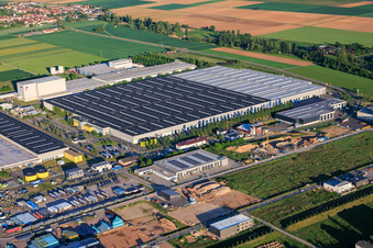 Interpark industrial area with Mercedes-Benz logistics center from the northwest in Offenbach an der Queich in the state Rhineland-Palatinate, Germany