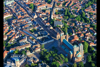 Maximilianstrasse from the east with the Historical Museum of the Palatinate and the Cathedral in Speyer in the state Rhineland-Palatinate, Germany