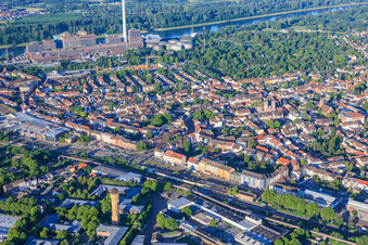 View of the district from the north, extending to the GKM power plant on the Rhine from the north in the district Neckarau in Mannheim in the state Baden-Wuerttemberg, Germany