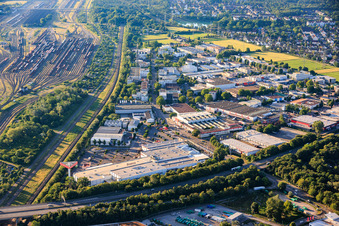 Mallaustraße industrial park with BAUHAUS Mannheim-Mallau from the northwest in the district Rheinau in Mannheim in the state Baden-Wuerttemberg, Germany