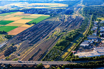 Tracks of the DB-InfraGo BM RBF marshalling yard in the district Rheinau in Mannheim in the state Baden-Wuerttemberg, Germany